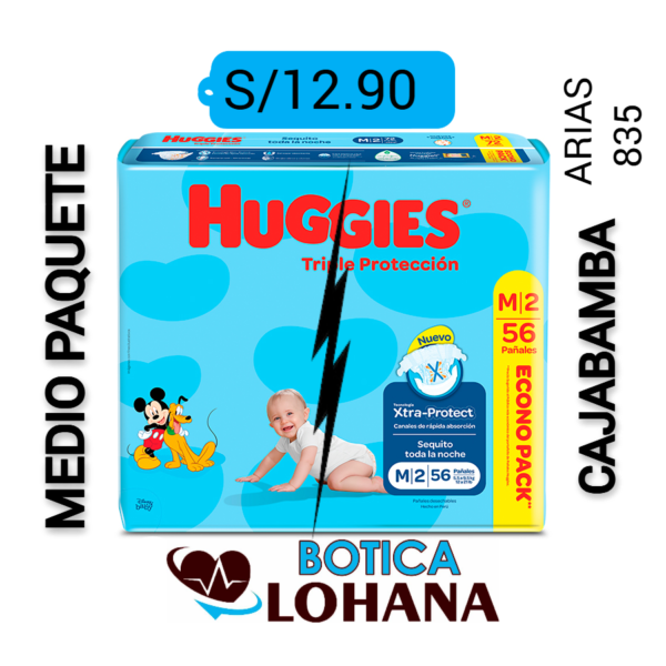 PAÑAL HUGGIES TRIPLE PROTECCIÓN COLOR CELESTE TALLA ( M ) CONT. (PAQUETE x 56 UNIDADES)( MEDIO PAQUETE )( pañales)...venta x medio paquete